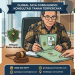 layanan jasa konsultasi tanah dari PT Global Jaya Consulindo, menampilkan sertifikat tanah asli BPN dan elemen hukum di kantor modern.