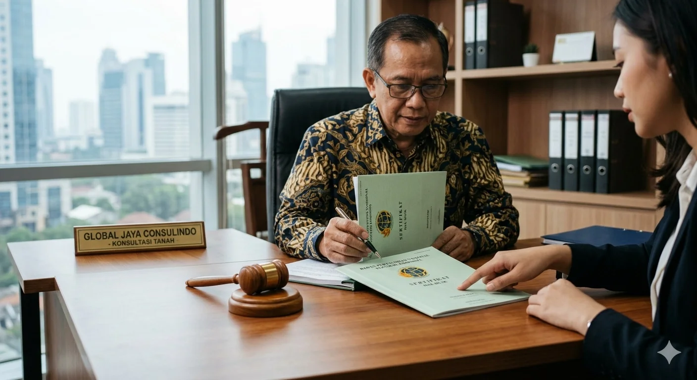 layanan jasa konsultasi tanah dari PT Global Jaya Consulindo, menampilkan sertifikat tanah asli BPN dan elemen hukum di kantor modern.